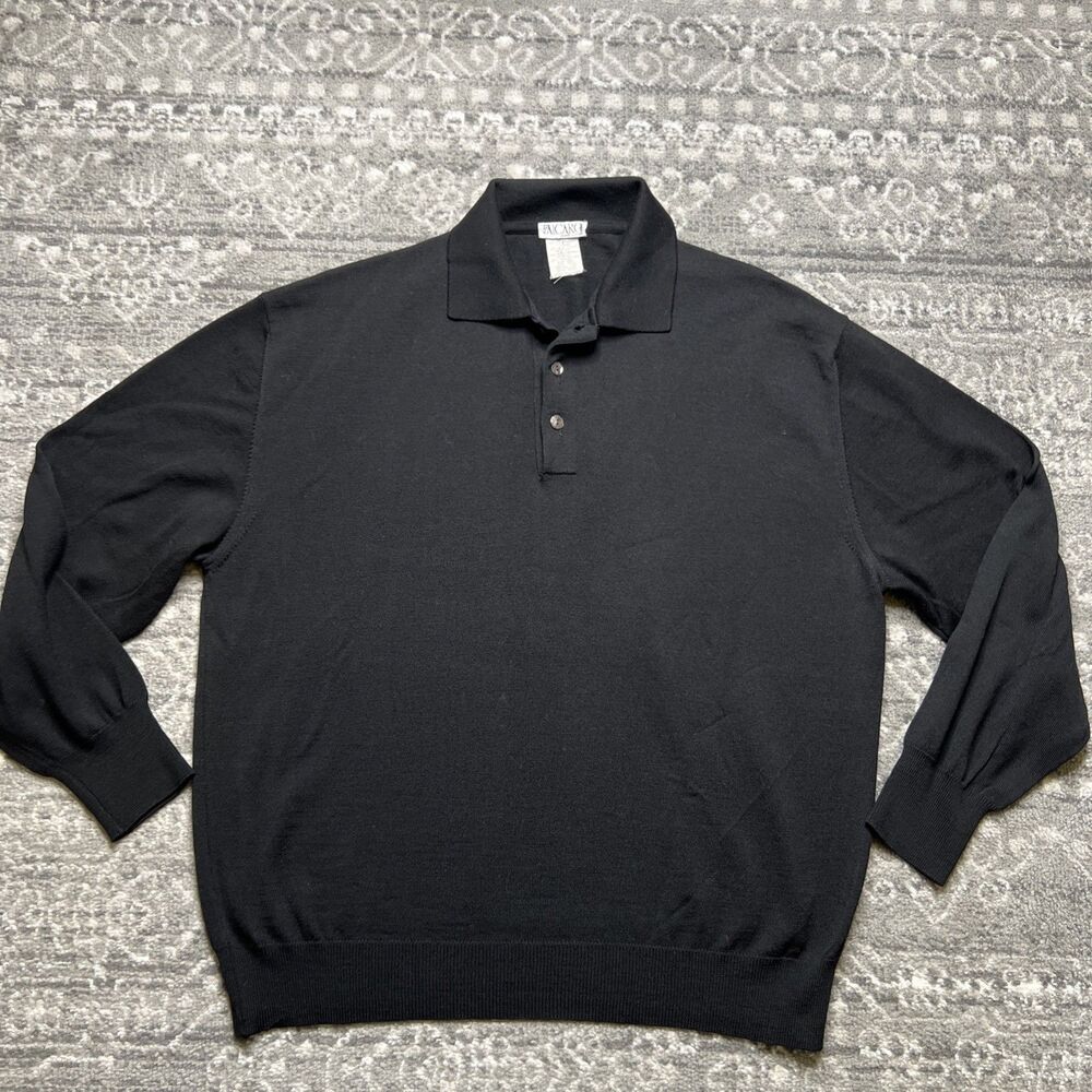 Falcaro Mens Extra Fine Merino Wool Polo Sweater Black Large Long Sleeve Italy
